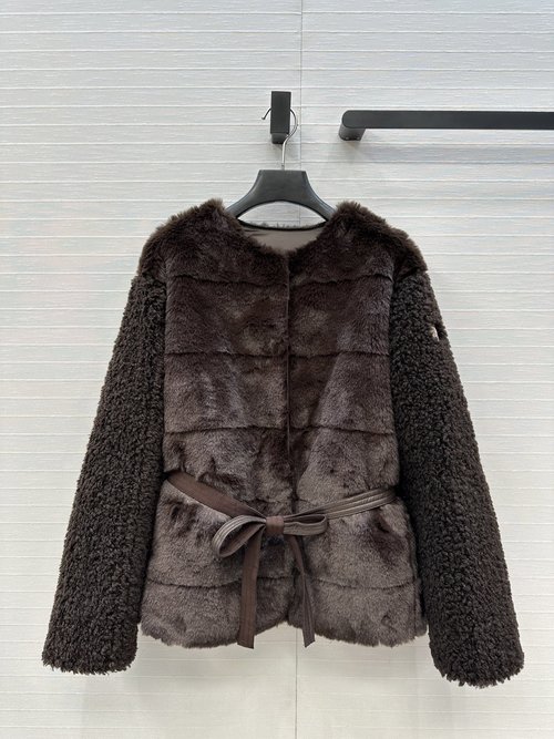 Moncler Elegant Eco-Fur Teddy Down Jacket with H Shape and Belt