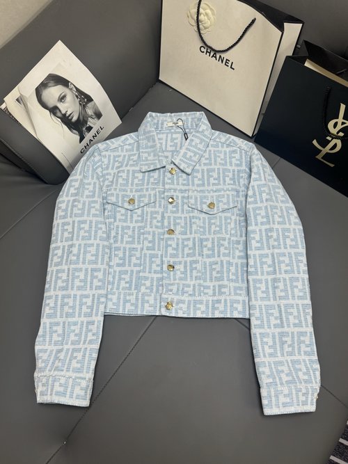 Fendi Double FF Printed A-line Denim Jacket with Soft Material