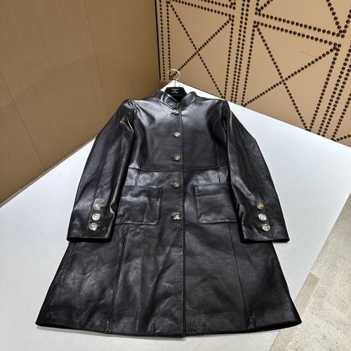 Chanel Stylish Leather Trench Coat with Custom Hardware and Imported Turkey Lambskin