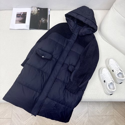 Max Mara Spliced Cashmere Hooded Long Down Jacket with Wool Sleeves, Classic Style