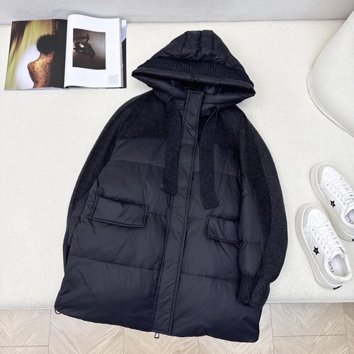 Max Mara Spliced Cashmere Hooded Mid-length Down Jacket