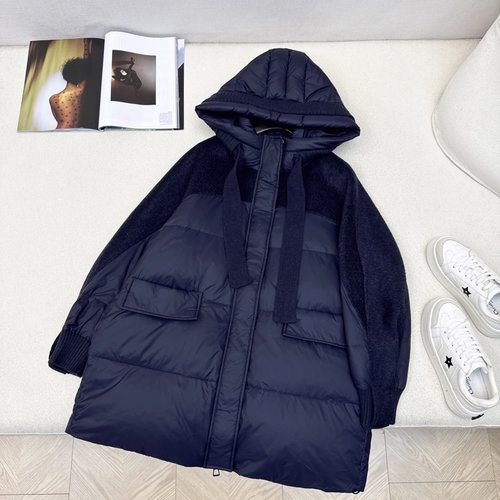 Max Mara Spliced Cashmere Hooded Mid-length Down Jacket