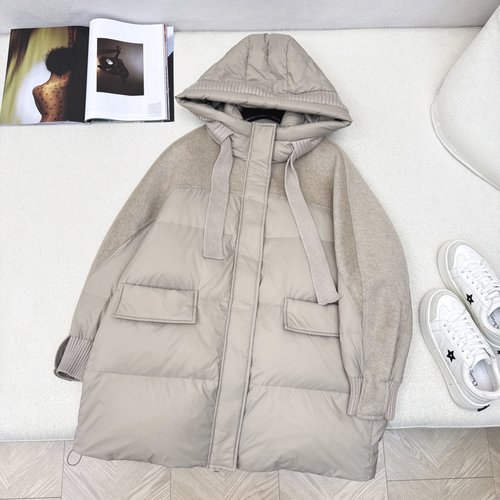 Max Mara Spliced Cashmere Hooded Mid-length Down Jacket