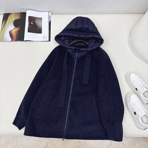 Max Mara Spliced Wool Hooded Medium-Length Down Coat