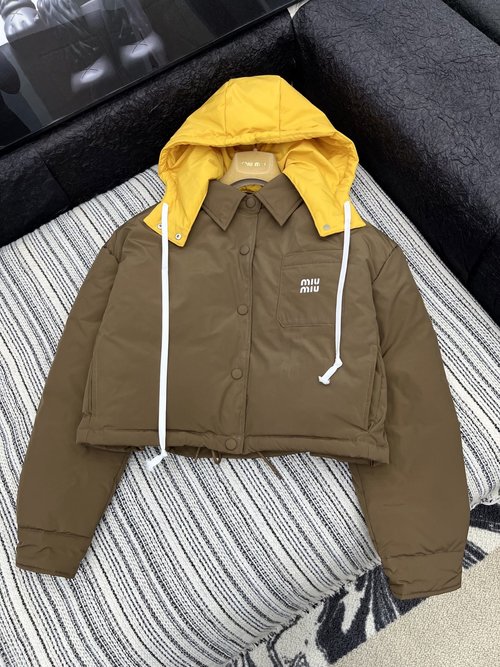 Miu Miu Classic Down Jacket with 90% Goose Down, Detachable Hat and Embroidered Logo