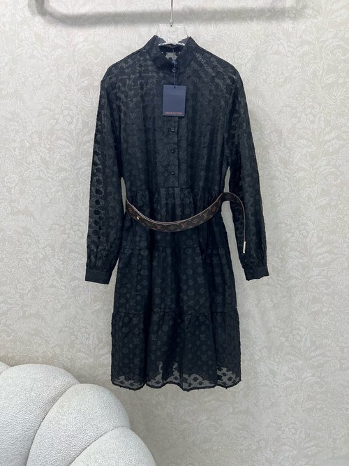 Louis Vuitton Sophisticated Long Sleeve Dress with Jacquard Design and Belt