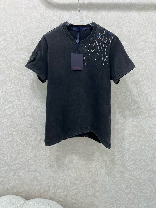 Louis Vuitton Round Neck T-Shirt with Embellished Shoulder and Brand Logo
