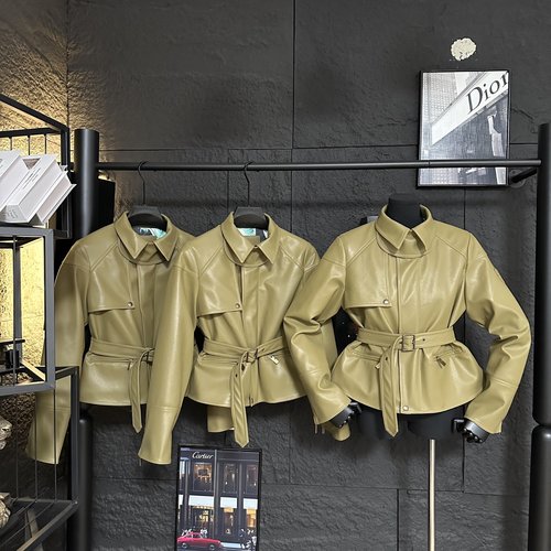 Burberry Soft Leather Cropped Motorcycle Jacket with Waist Belt, Two Color Options