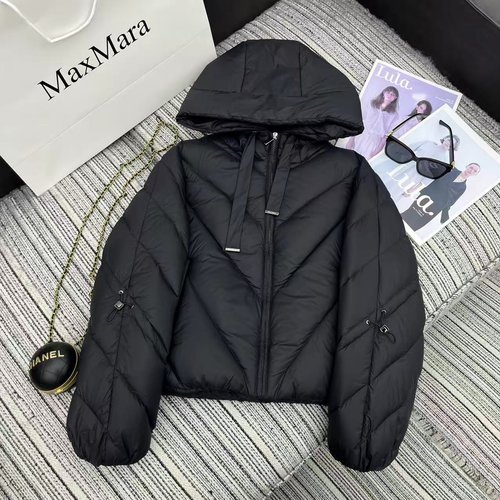 Max Mara Max Series Hooded Short Down Jacket with Drawstring Sleeves, High-quality Goose Down