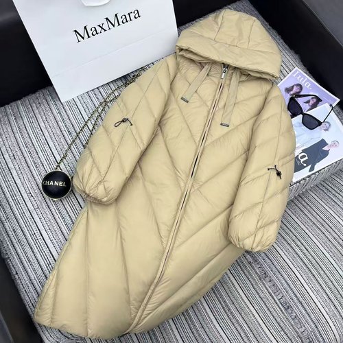 Max Mara Max Series Hooded Long Down Jacket with Drawstring Sleeves, Filled with 90% High - Quality Goose Down