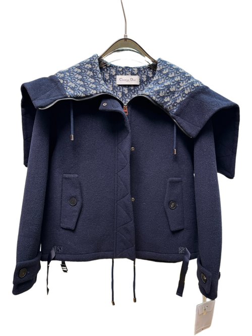 Chanel Navy Collar Short Wool Coat in Pink and Blue with Dust Bag