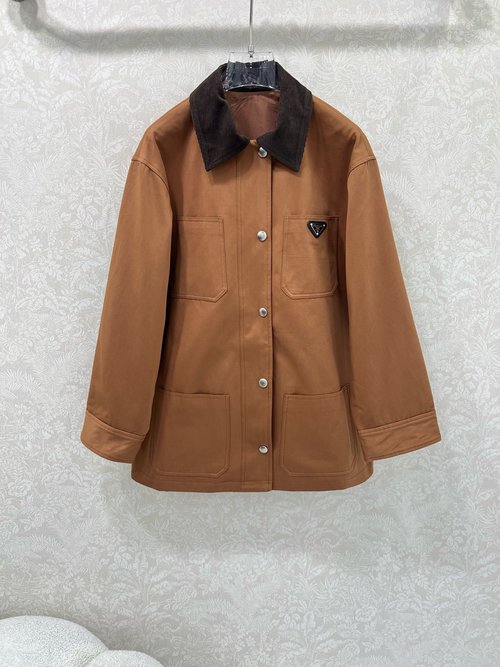 Prada Melange Color Corduroy Collar Lapel Jacket with Brand Emblem