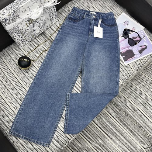 Dior Classic Denim Straight Pants with Letter Logo Embossed Pocket Detail