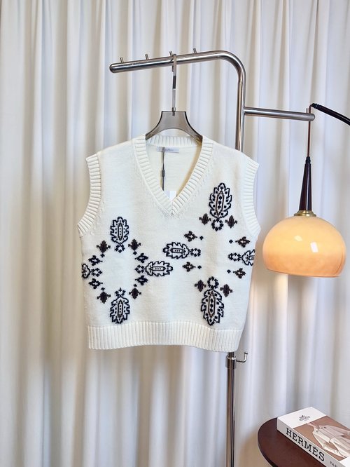 Max Mara Custom Jacquard Floral Logo Wool Vest, Breathable & Lightweight