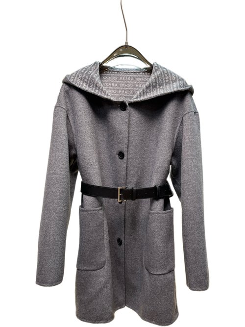 Prada Mid - length Buttoned Hooded Coat with Dust Bag in Neutral Colors