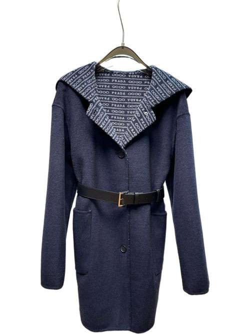 Prada Mid - length Buttoned Hooded Coat with Dust Bag in Neutral Colors