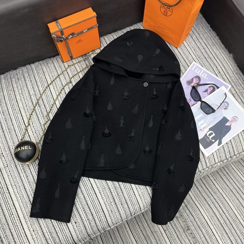 Hermes Recommended Double-Sided Cashmere Short Hooded Coat with Hand Embroidery