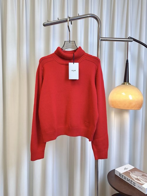 Celine High-Neck Wool Sweater with Embroidered Triumphal Arch Logo