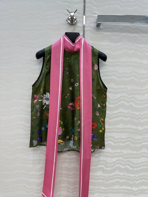 Gucci Exclusive Original-quality Vacation Print Silk Vest with Long Contrast-color Bow and Pattern Cutting