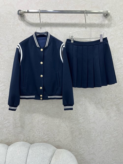 Yves Saint Laurent Stylish Baseball Jacket and Pleated Skirt Ensemble with YSL Emblem