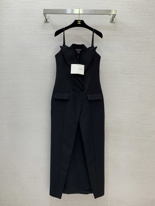 Balmain Stylish Black Off-the-Shoulder Sling Dress with High Split