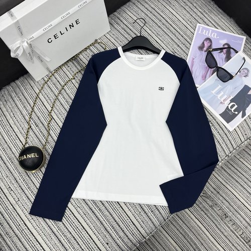 Celine Color-Blocked Sleeve Round Neck Long-Sleeved T-Shirt with Embroidered Detailing