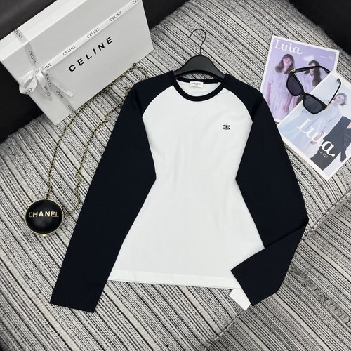 Celine Color-Blocked Sleeve Round Neck Long-Sleeved T-Shirt with Embroidered Detailing