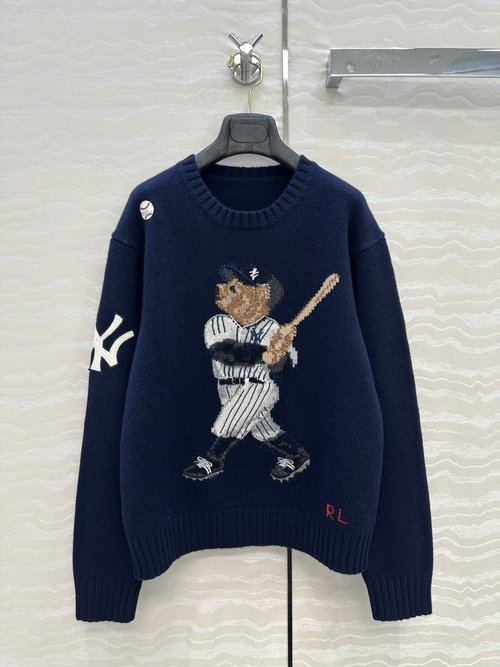 Loro Piana Exclusive Custom: American-style Baseball Bear Embroidery Wool Sweater