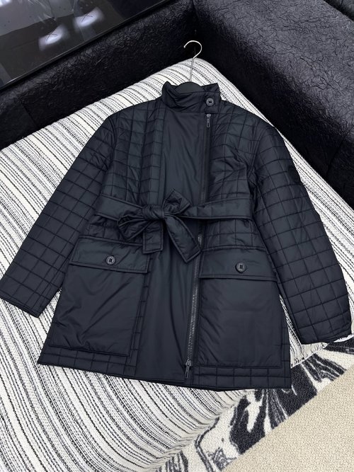 Hermes Customized Collared Zip Cotton Coat with Waist Belt and Waffle Stitch