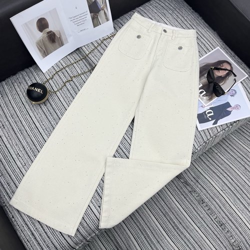 Chanel Stylish Beaded Embroidered High-Waisted Wide-Leg Pants in Apricot and Black