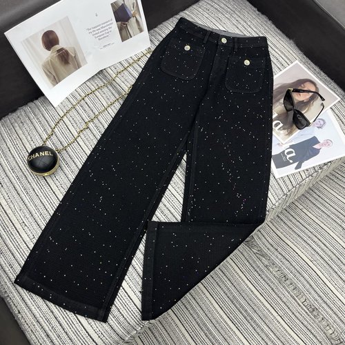 Chanel Stylish Beaded Embroidered High-Waisted Wide-Leg Pants in Apricot and Black