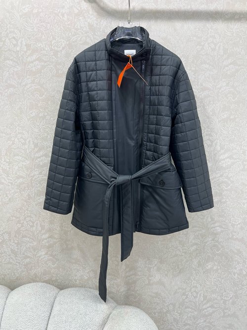 Hermes Quilted Diamond Cotton Coat with Belt and Double Zippers for Layering