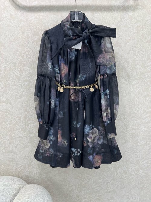 Loro Piana Printed Dress with Lantern Sleeves and Tailored Accessories