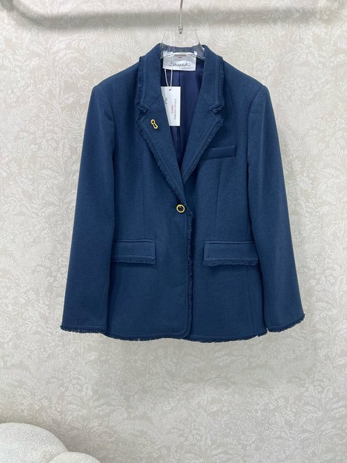 Schiaparelli Short Blazer with Custom Hardware and Soft Shoulder Line in Navy Tweed