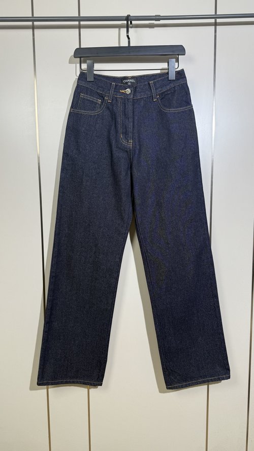 Chanel Denim Straight-Leg Pants with Back Bow Embroidery