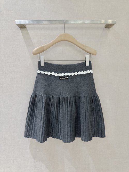 Miu Miu Knit Pleated Skirt with White Crochet Lace Waistband