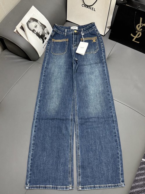 Celine Elastic Straight Jeans with Custom Logo Waist Tag
