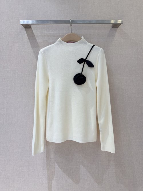 Valentino Half High Neck Knit Top with Black 3D Flower