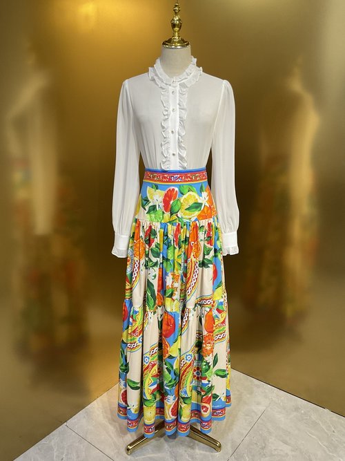 Dolce & Gabbana Wheel Lemon Printed Cotton Maxi Skirt