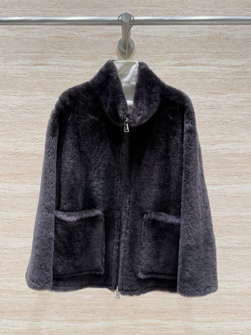 Max Mara South African Imported Lomann Fur Coat with Small Stand-Up Collar