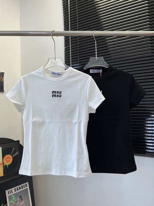 Miu Miu Cotton Round Neck Embroidered Letter Slim-fit T-shirt