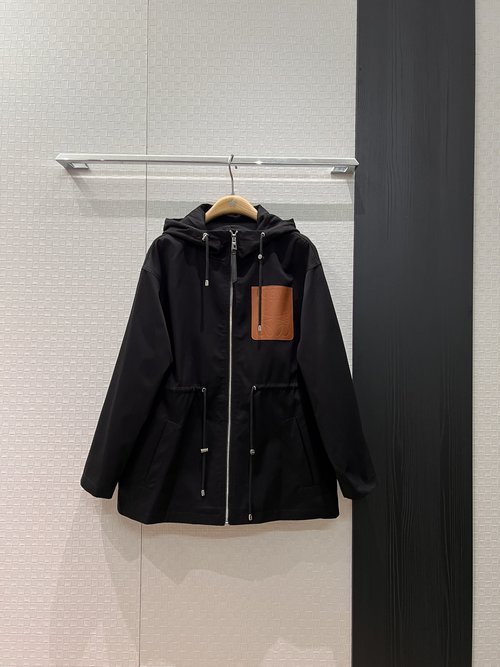 Loewe Hooded Waist-Cinching Jacket with Logo Leather Pocket