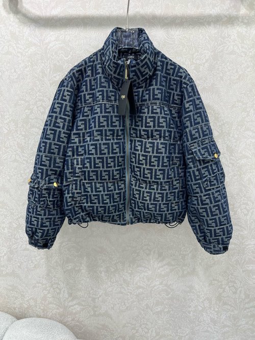 Fendi Fashionable Denim Hooded Down Jacket with Sleeve Pockets