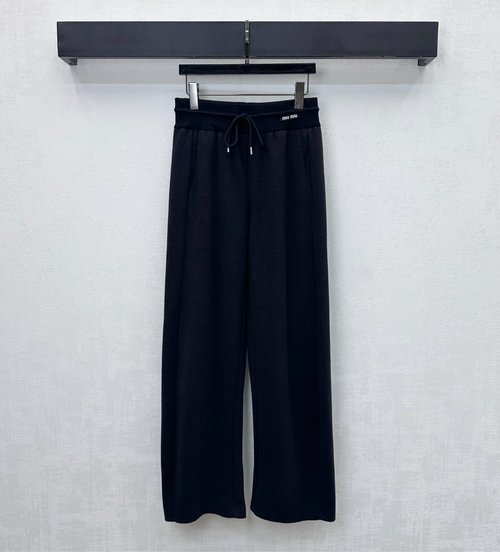 Miu Miu Drawstring Straight-Leg Pants with Logo, Towel Cotton Fabric