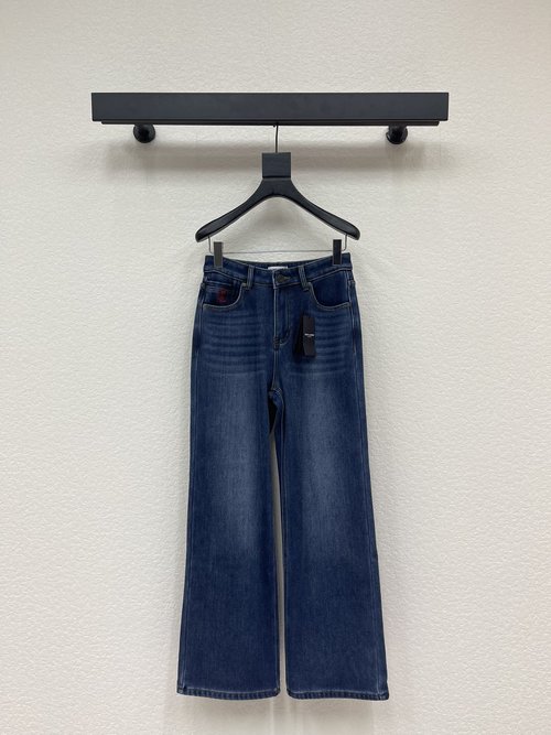 Yves Saint Laurent Straight-Leg Jeans with Red Embroidery Logo, Soft and Stretchable