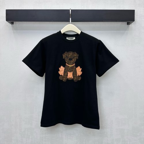 Fendi Cotton Short-sleeved T-shirt with Puppy Pattern Double F Logo