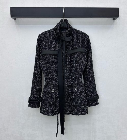 Chanel Elegant Bow-Tied Belted Coat, Wool Blend with Silver Accents