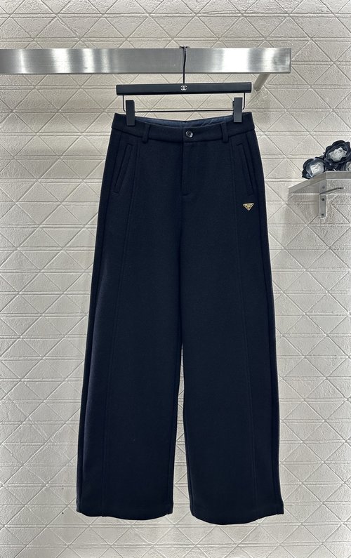 Prada Woolen Wide-Leg Trousers with Triangle Logo, Comfortable and Fashionable