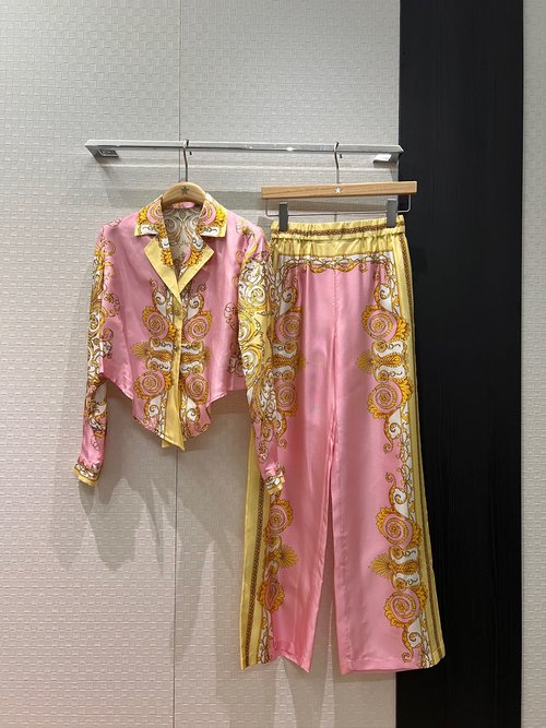 Versace Short Silk Shirt with Irregular Hem and Matching Wide-Leg Pants