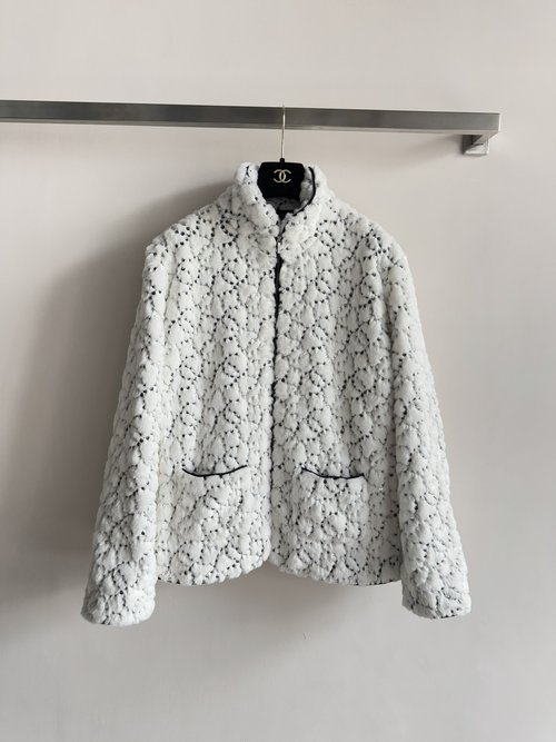 Chanel Coco Neige Ski Faux Fur Sequin Jacket with Zipper and Dual Pockets